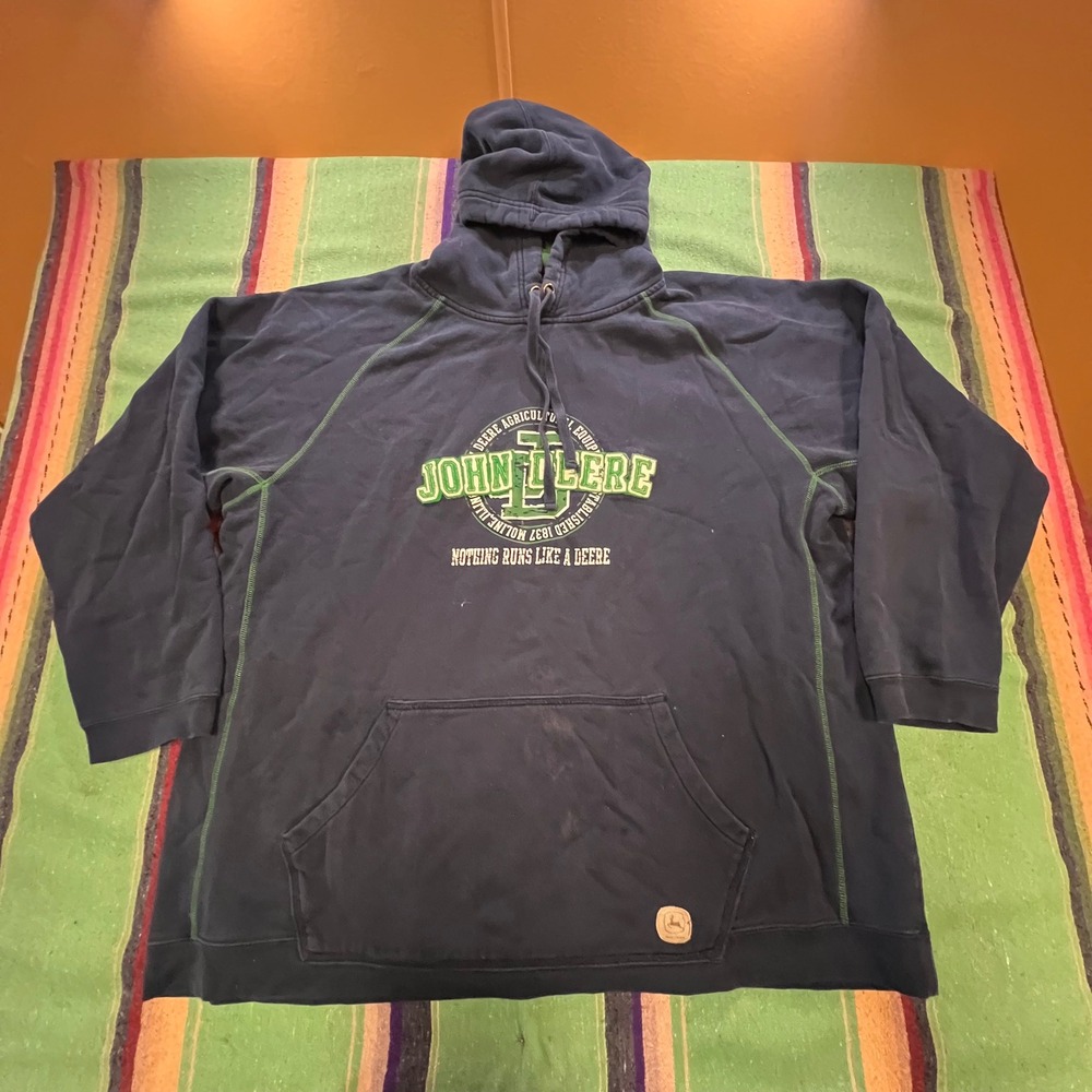 John Deere Hoodie Mens XXL Navy Blue Graphic Raglan Pullover Nothing Runs Like A
